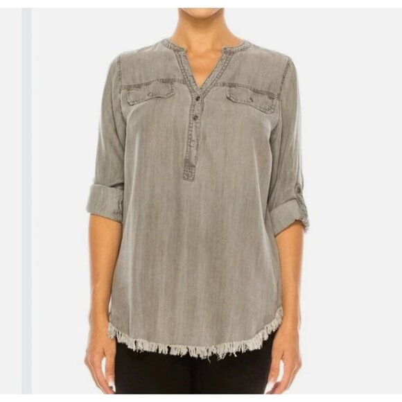 Hester & Orchard Tops - Hester & Orehard Tencel Button Split Neck Fringe Top Gray Size M
